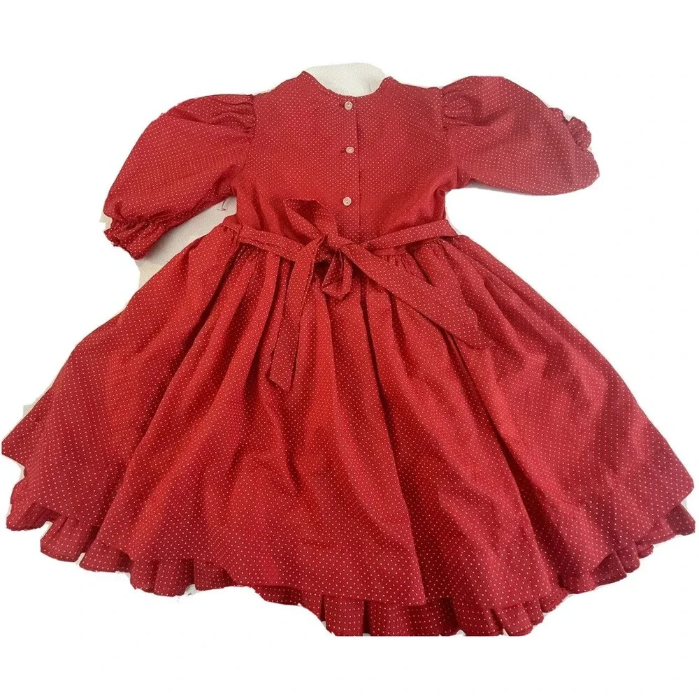 Vintage Little Stars Girls 6 Red Polka Dot Prairie Dress Puff Sleeve Ruffle Belt